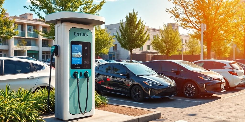 Modern EV charging station with parked electric vehicles.
