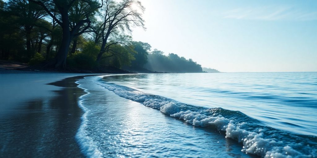 Tranquil landscape with gentle waves and soft sunlight.