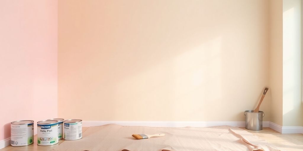 Freshly painted walls with paint cans and brushes.