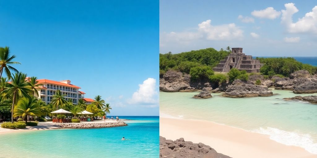 Beach with ancient ruins and modern resort.