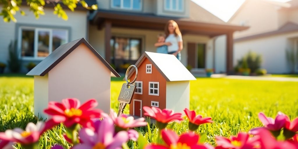 Keys on house, family in front.
