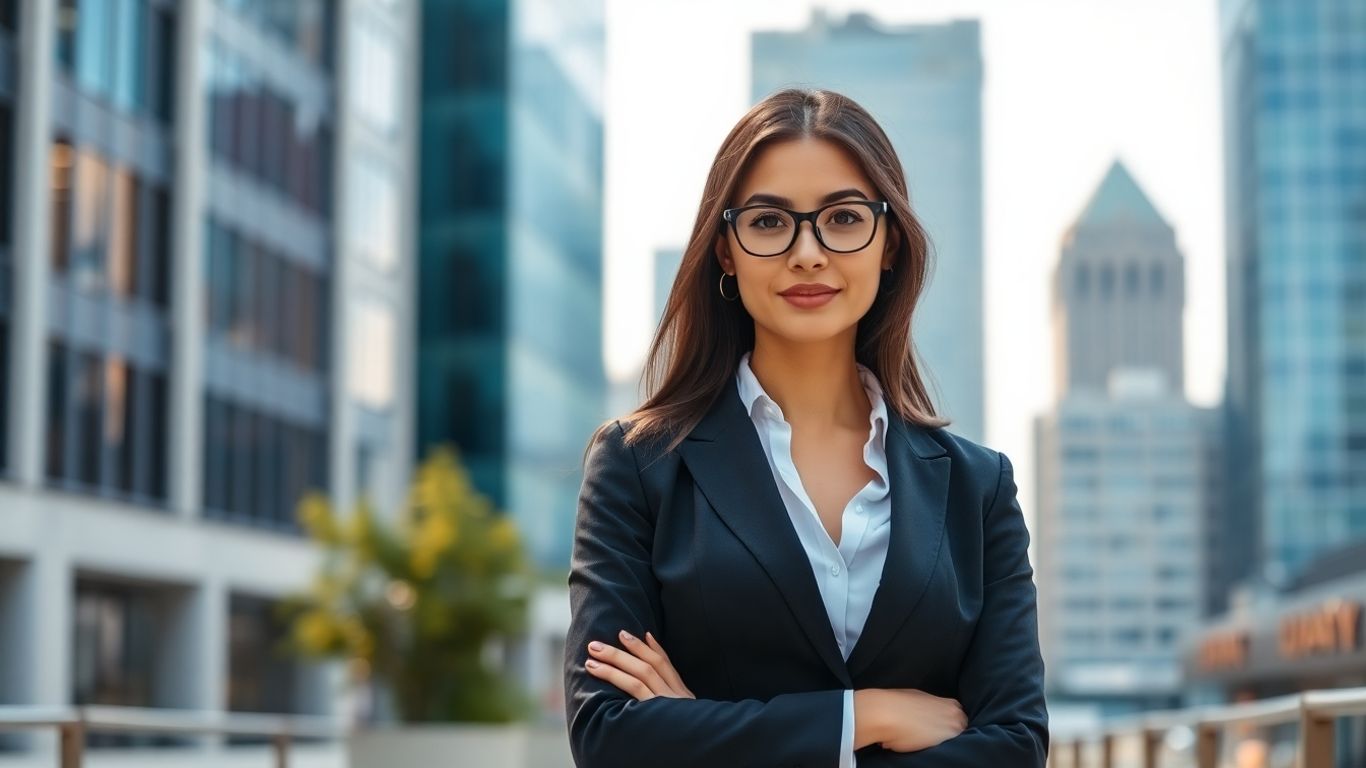 Confident female entrepreneur in modern city background