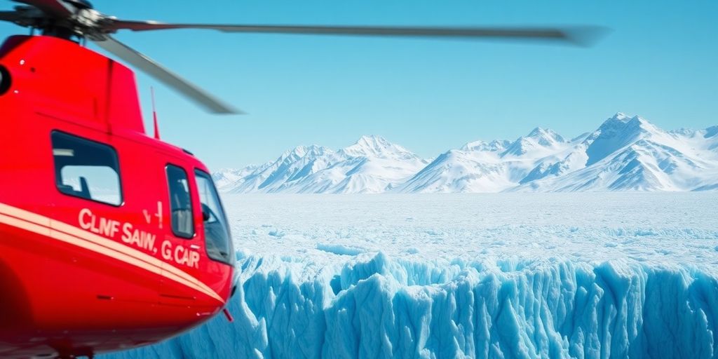 A red helicopter flies over a vast blue Alaskan glacier.