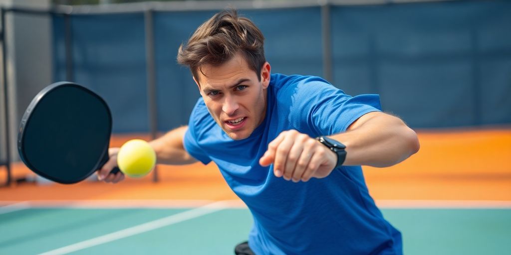 Pickleball player during a match with paddle and ball.