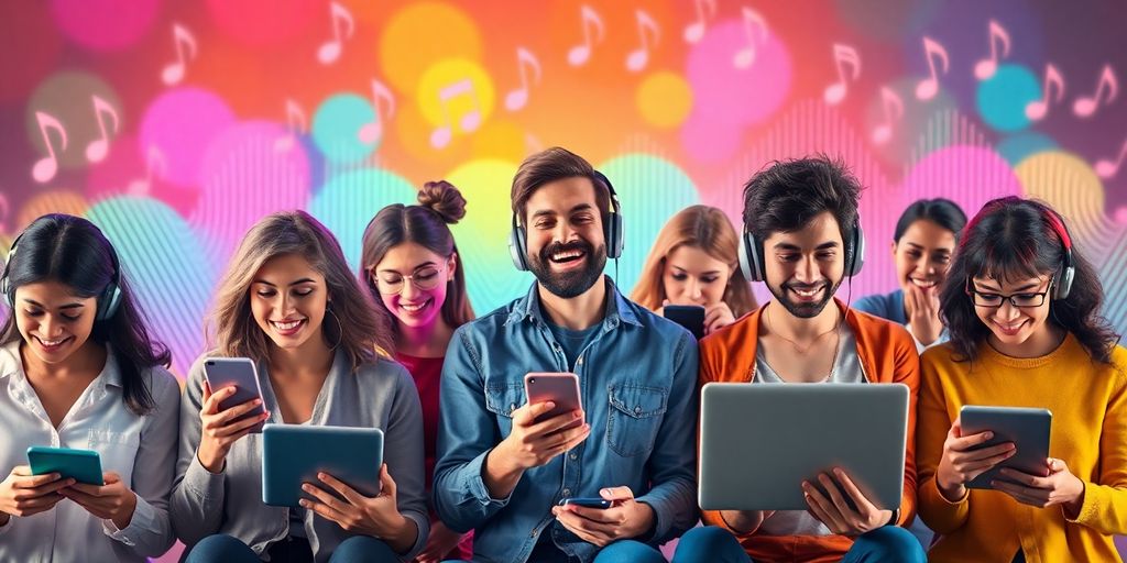 Pessoas ouvindo música em dispositivos digitais.