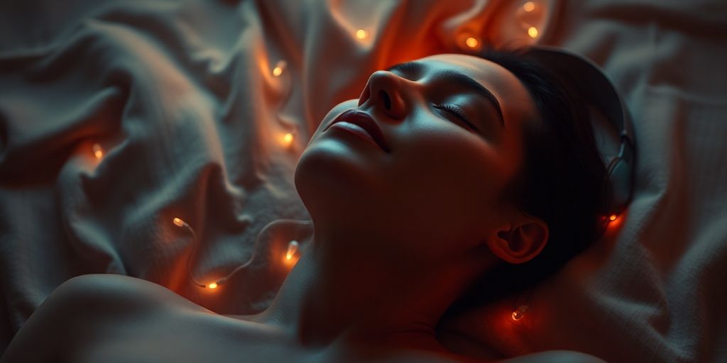 Person relaxing with calm sounds and music.