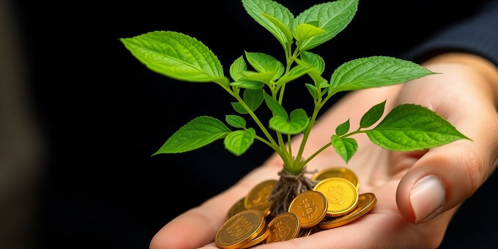 Une main tenant une plante verte poussant à travers des pièces de monnaie.