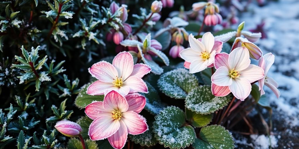 Dezembergarten mit leichtem Schnee und Winterblumen.