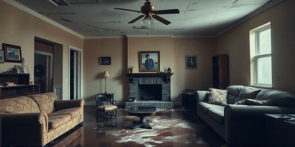 Water-damaged living room with soaked furniture and stains.