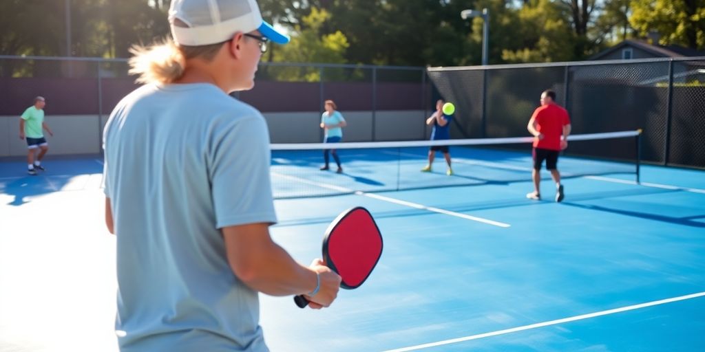 Pickleball players in action on a sunny outdoor court.