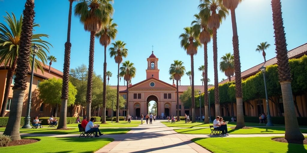 Students studying on Stanford campus under palm trees.
