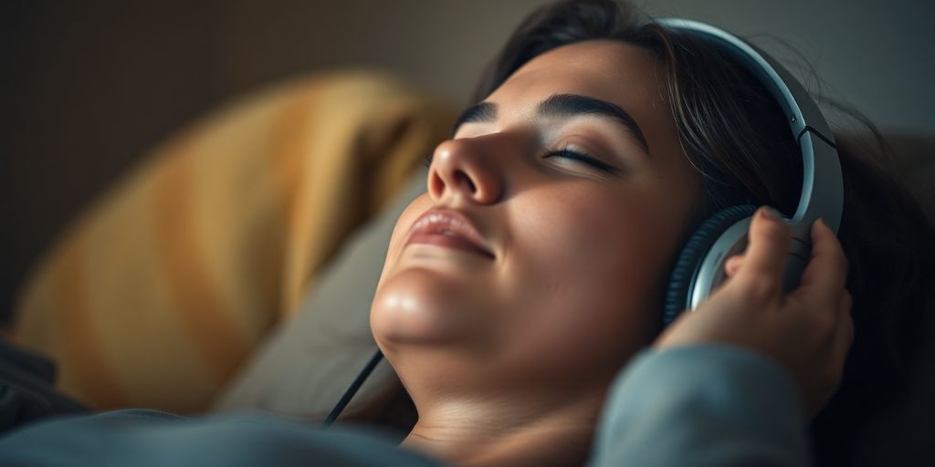 Person listening to music with eyes closed.