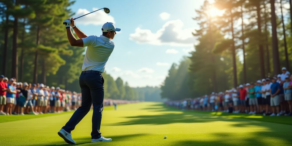 Golf players competing intensely during a tournament event.