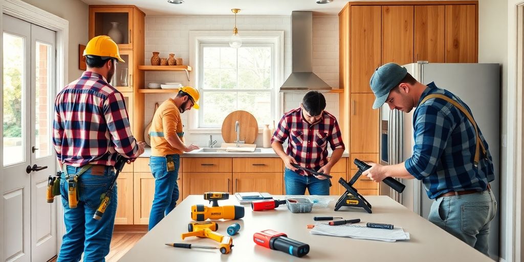 Workers renovating a kitchen with modern tools and materials.