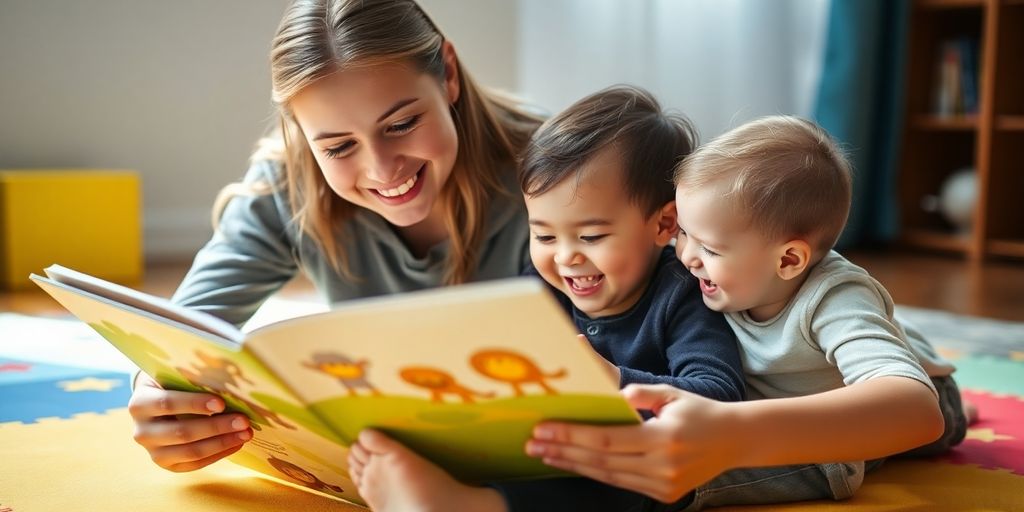 Teenager reading to a smiling toddler.
