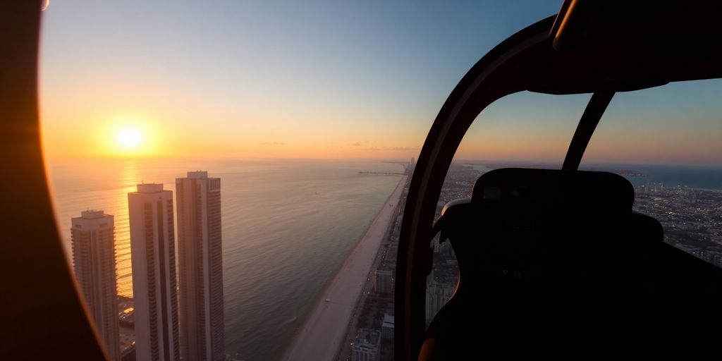 A modern helicopter flying over the Miami skyline at sunset.