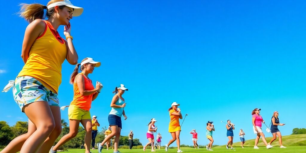 Women golfers competing on a sunny green golf course.