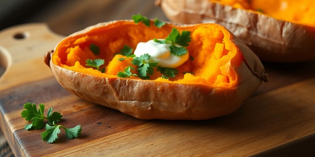 Golden-brown baked sweet potato split open with parsley and yogurt