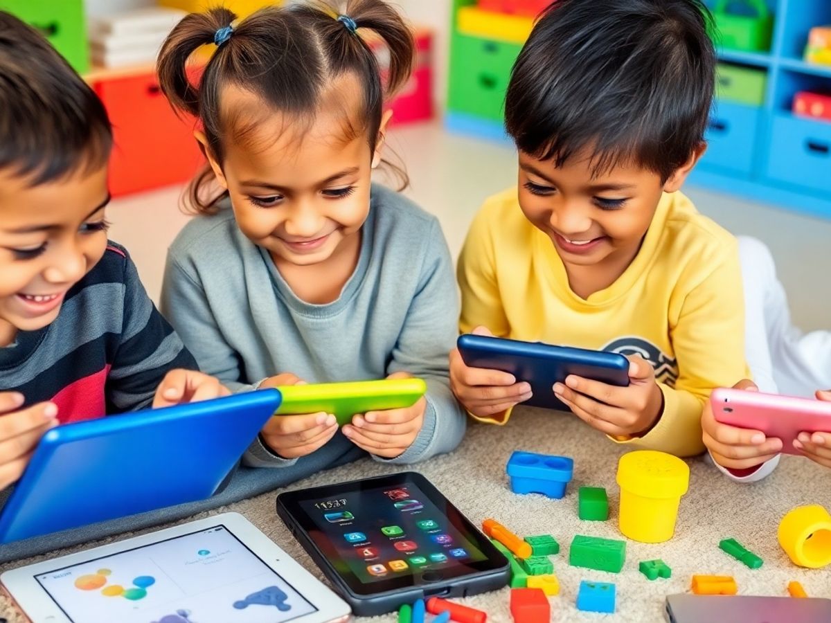 Copii jucându-se cu gadget-uri educaționale și sigure.