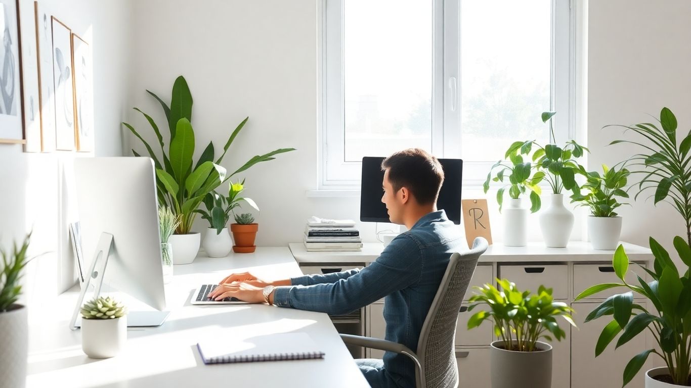 Person focused at a clean, bright, organized desk.