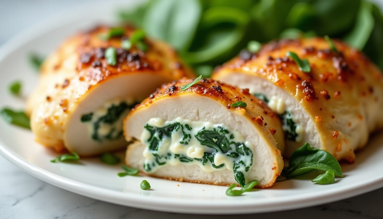 Spinach and cream cheese stuffed chicken on a plate.