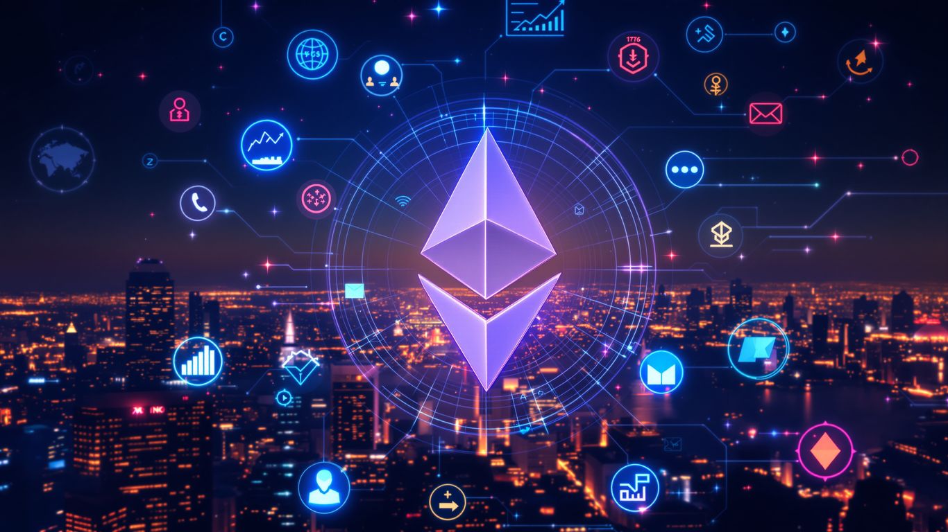 Ethereum logo with stock icons and futuristic background