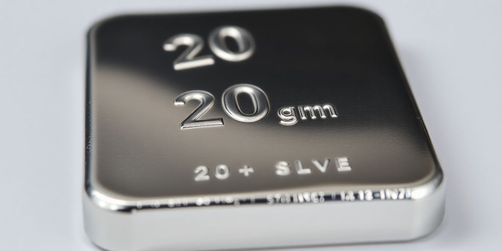 Lingot d'argent 20g posé sur un fond neutre.