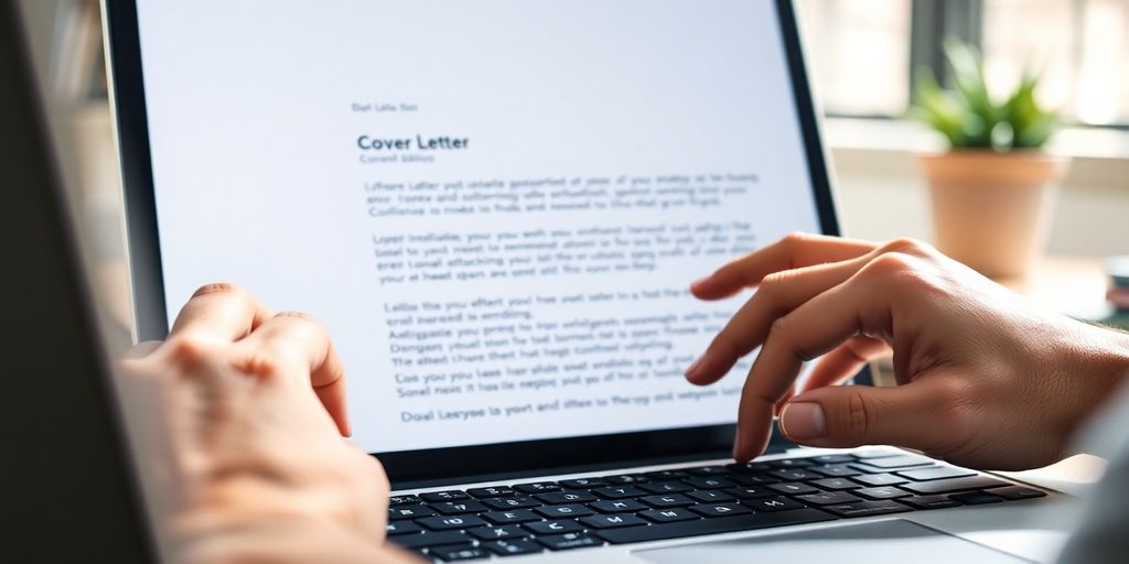 Laptop with a person typing a cover letter
