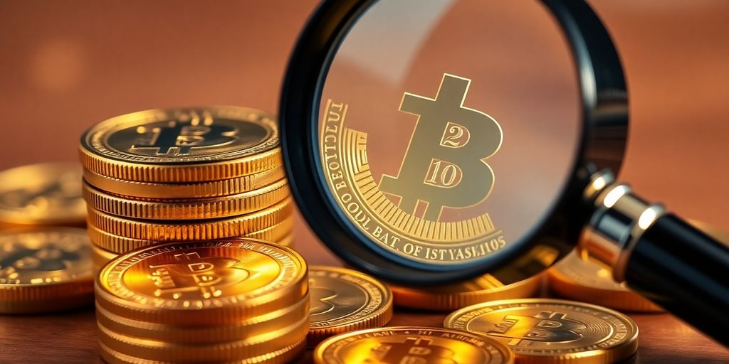 Pièces d'or empilées devant une loupe