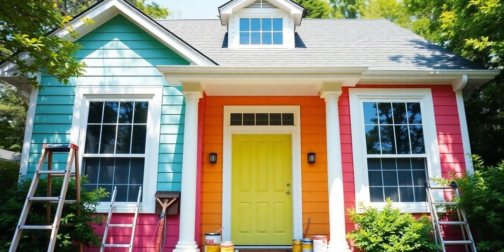 House being painted with vibrant colors in sunlight.