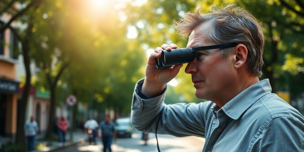 Private investigator observing discreetly in a busy street.