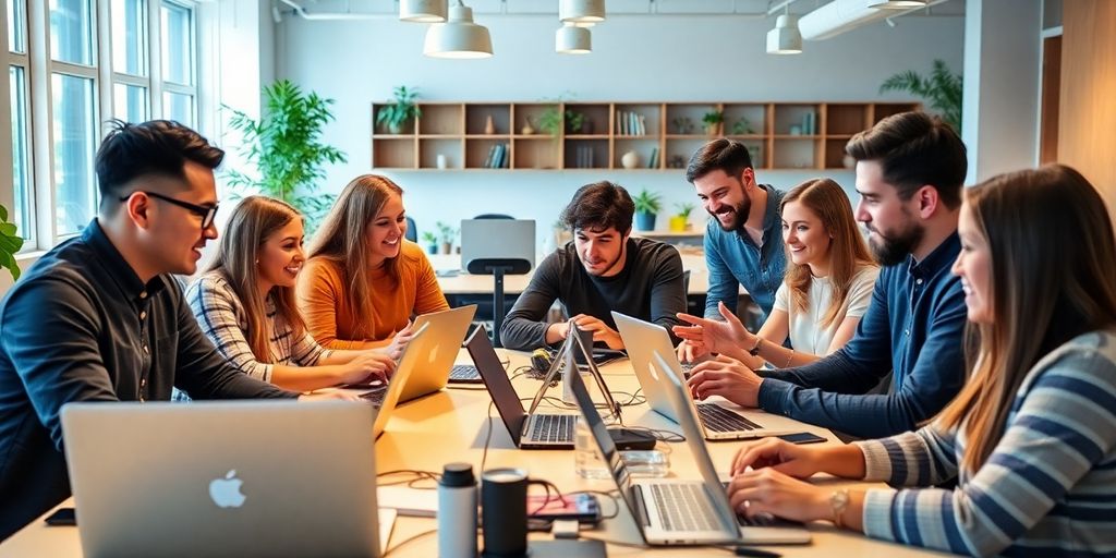 Diverse remote workers collaborating in a modern workspace.