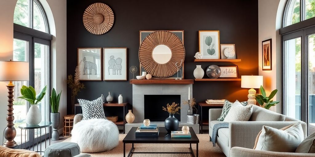 Cozy living room with unique decorative elements and textures.