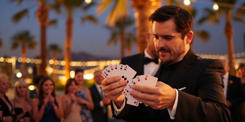 Phoenix magician performing card trick at evening event.