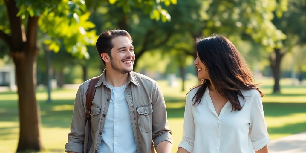 Two people smiling, holding hands, walking together.