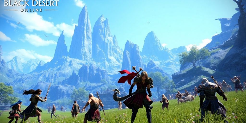 Colorful characters from Black Desert Online in fantasy landscape.