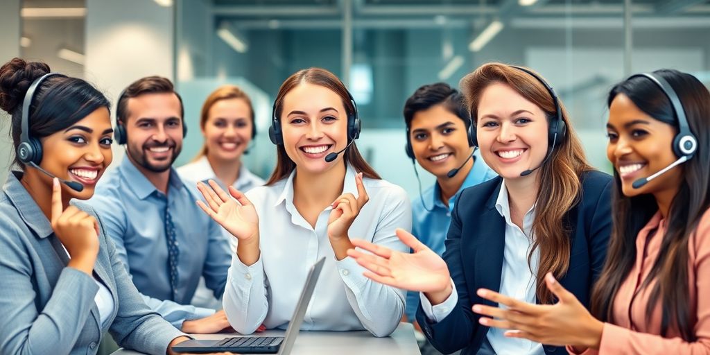 Professional call center agents interacting politely.