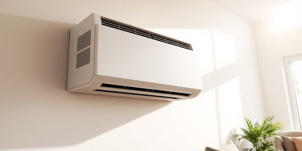 Climatiseur réversible moderne installé dans un salon lumineux.