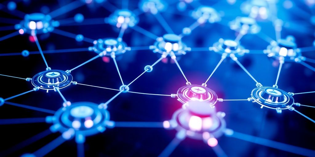 Close-up of interconnected blockchain network nodes.
