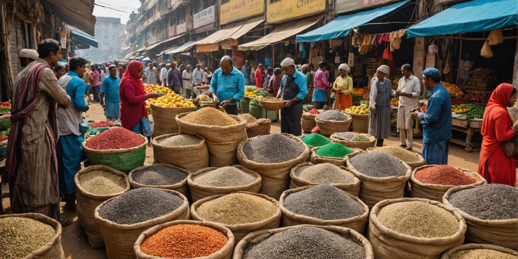 Market with chia seeds and vendors.