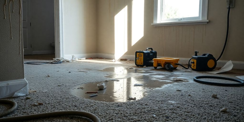 Water-damaged room with soaked carpets and debris.
