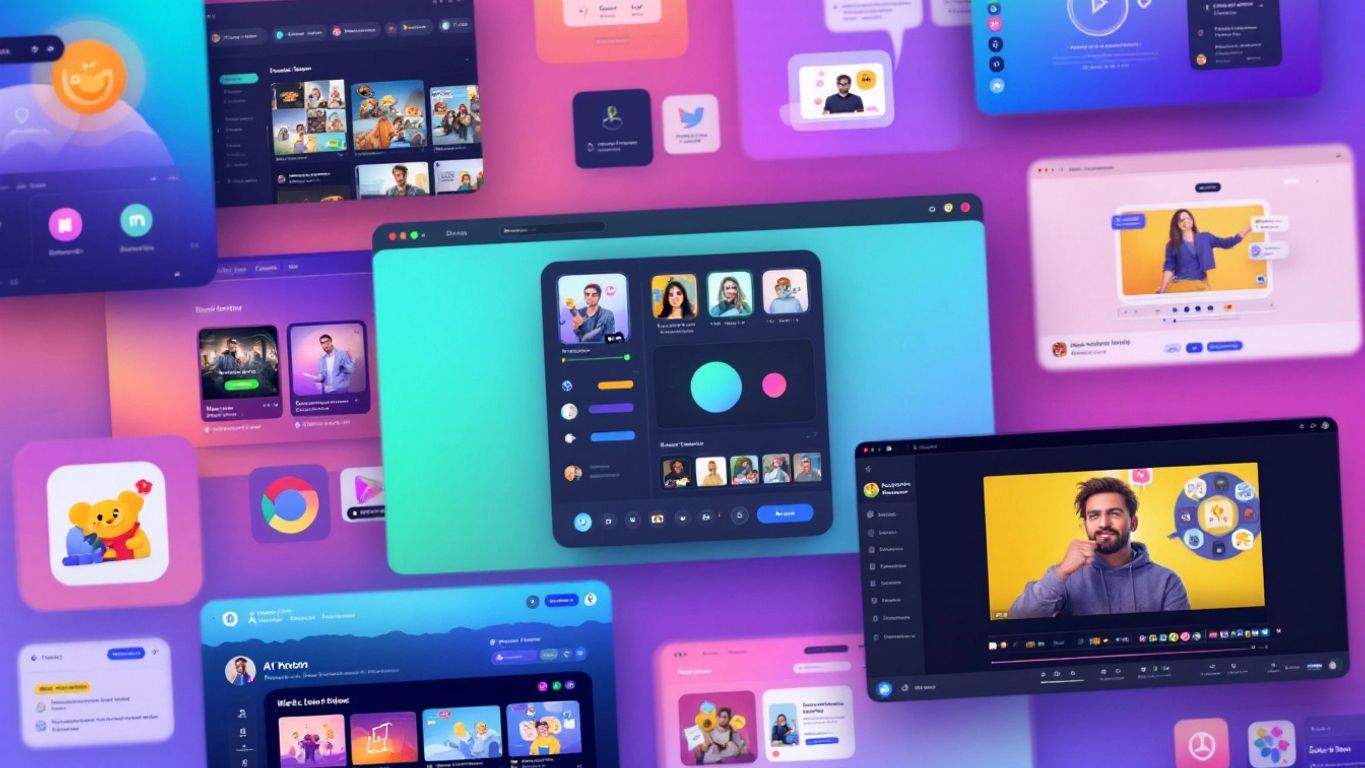 Collage of AI video creation software interfaces.