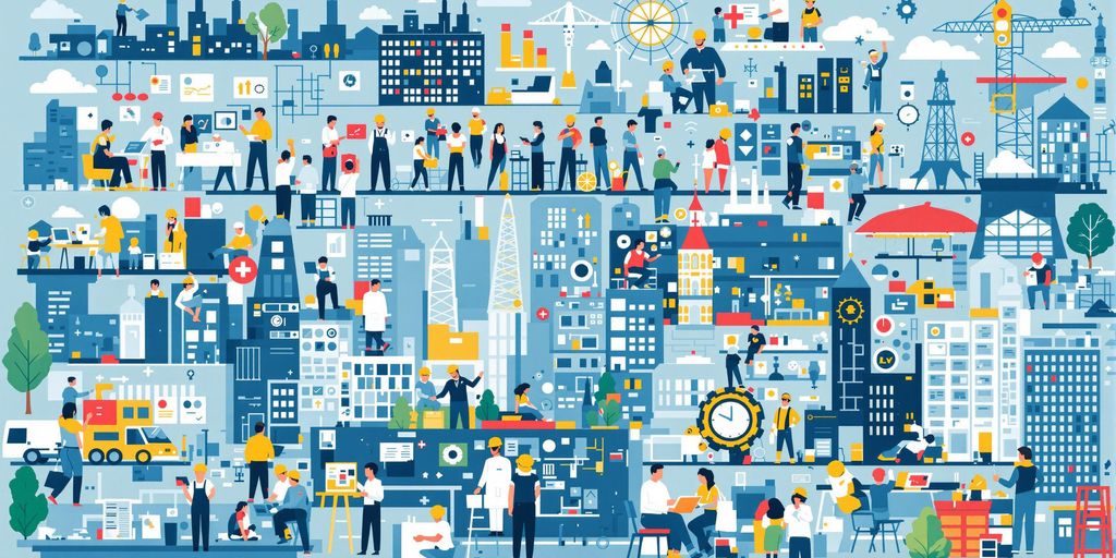 Arbeitsmarkt 2025: Welche Branchen boomen und wo fehlen Fachkräfte? Verschiedene Branchen und Fachkräfte am Arbeitsplatz.