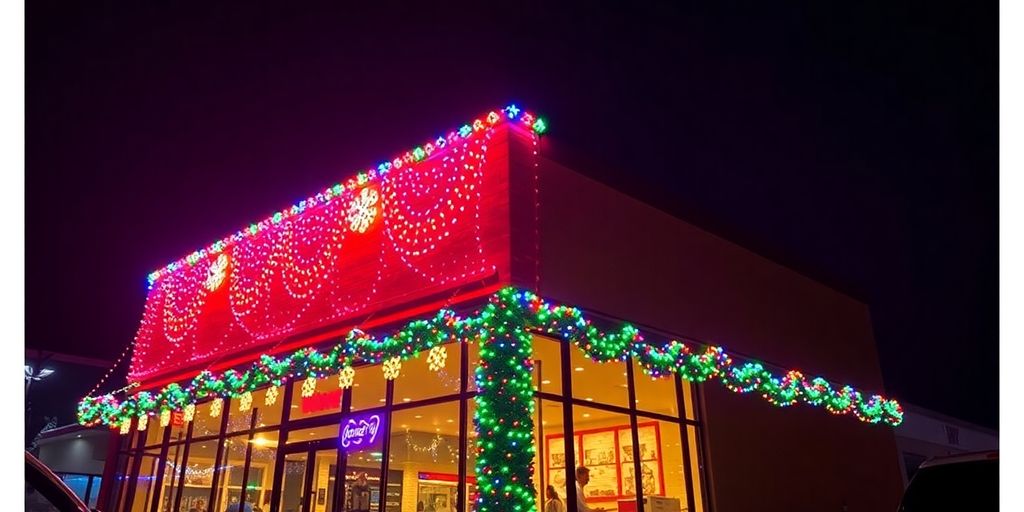 Commercial Christmas lights illuminating a building at night.