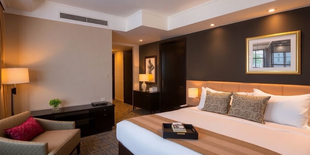 Stylish hotel room in Dar es Salaam with modern decor.