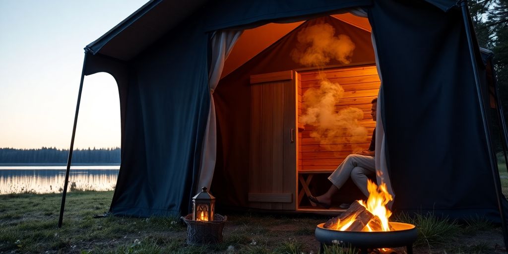 Person sitter i bastutält nära sjö
