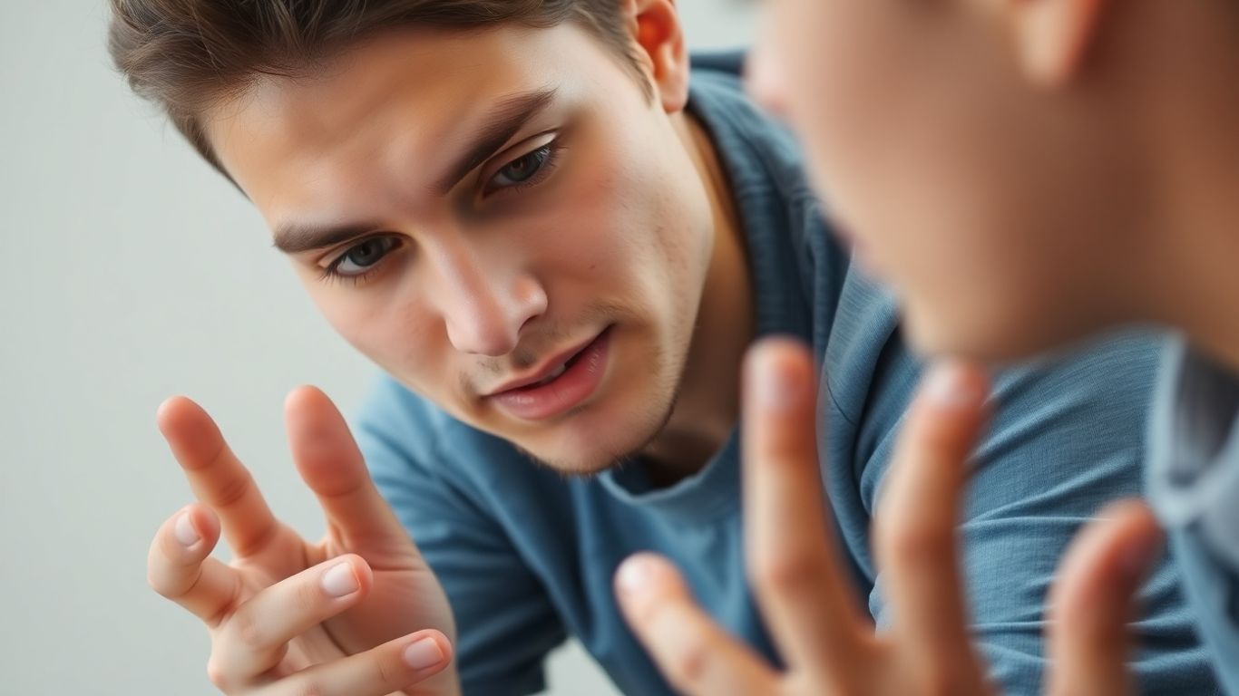 Person actively listening and gesturing during a conversation.