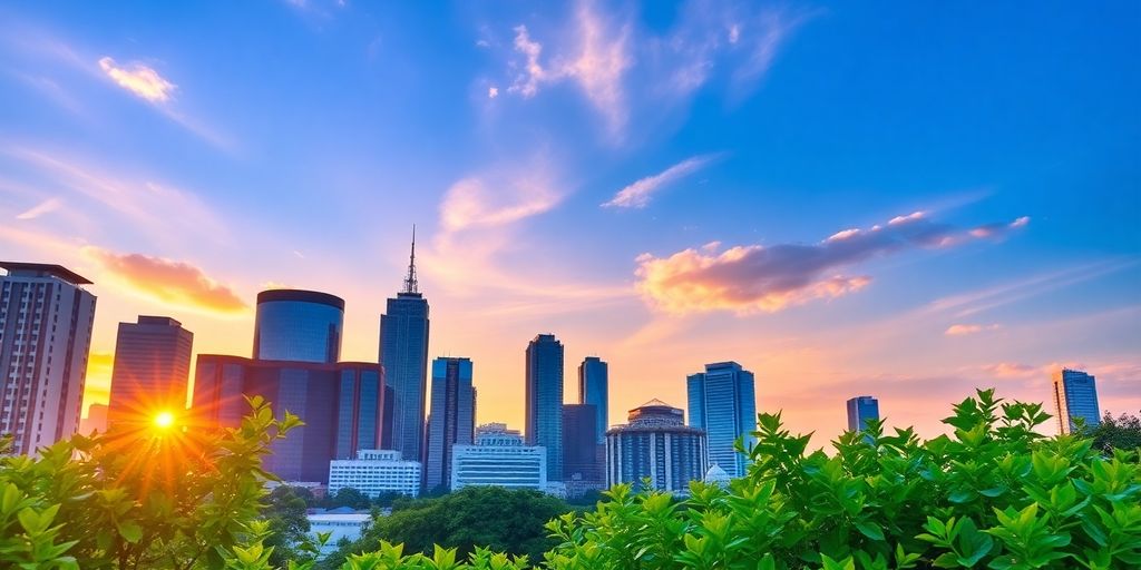City skyline at sunset with modern buildings and greenery.