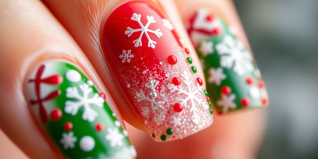 Unhas decoradas com temas natalinos em cores vibrantes.