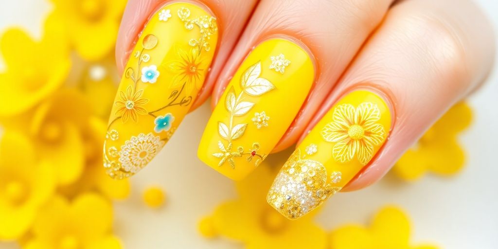 Unhas decoradas em amarelo com detalhes florais e brilho.